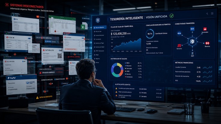 Comparación visual entre plataformas de pago desconectadas y un software de tesorería con control financiero centralizado