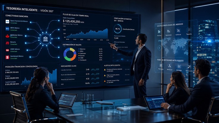 Equipo financiero utilizando un software de tesorería con conectividad bancaria y visibilidad financiera en tiempo real.