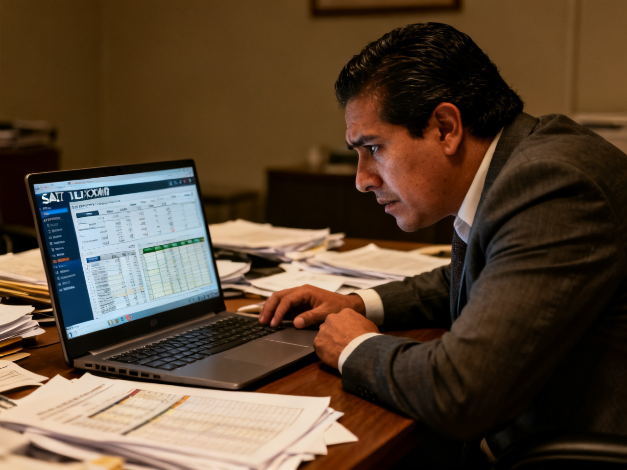 conciliación SAT y bancos con revisión manual de CFDI y estados de cuenta mostrando riesgo de discrepancias fiscales en empresas mexicanas 